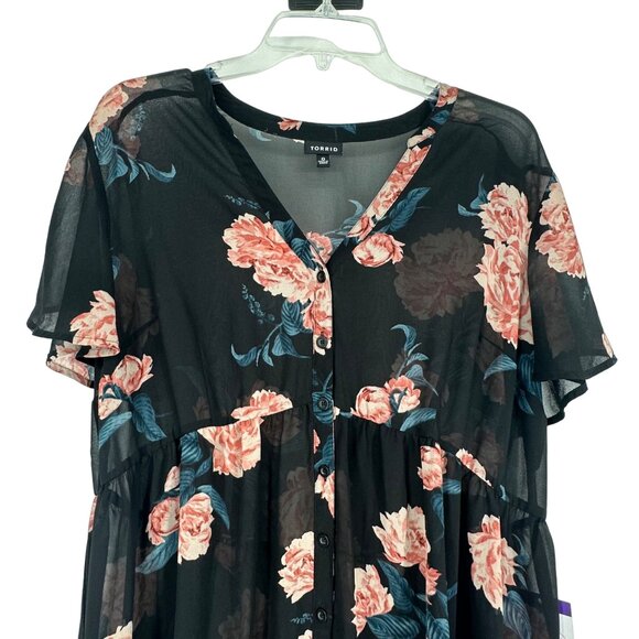 Torrid 0 Short Sleeve Button Up Sheer Tunic Top Black Floral High Low Hem Vneck - Picture 2 of 11